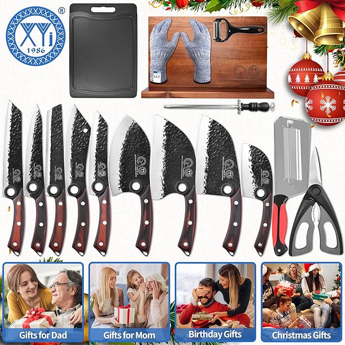 XYJ Knife Block Set, Professional Kitchen Knife Set with Magnetic Knife Block, Cutting Board, Honing Steel, High-Carbon Steel forged Blades, Chef's Knife, Cleaver, Carving Knife, Full Tang Design