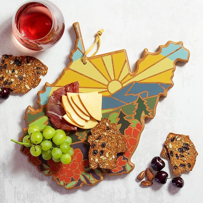 Totally Bamboo West Virginia State Shaped Cutting Board and Charcuterie Serving Platter with Artwork by Summer Stokes, Includes Hang Tie for Wall Display
