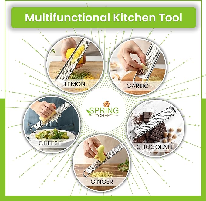 Spring Chef Stainless Steel Lemon Zester Grater with Handle - Garlic, Cheese, Parmesan, Nutmeg, Lime, Ginger Grater - Heavy Duty Kitchen Tool - Citrus Zester with Blade Cover - Fine Shred - Gray