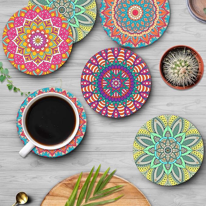 Coaster for Drinks Set of 6, Moroccan Bohemian Mandala Colorful Pink Green Absorbent Round Ceramic Stone Mat, with Cork Base and Metal Holder, Gift for Housewarming Room Bar Decor