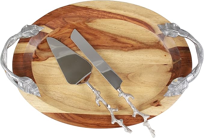Server Set, Cake, Pie, Desert Flatware Set, Tree Branch Design, 2-piece 18/10 Stainless steel with brass handles (light antique silver finish)