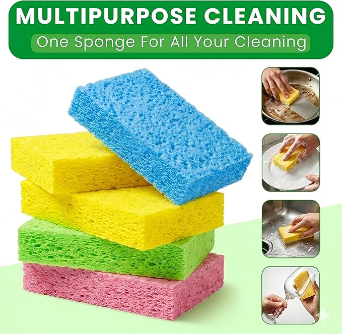 Kitchen Sponges, 24 Count, Thick Compressed Natural Cellulose Sponges, Non-Scratch for Dishes, Biodegradable & Compostable, Pop-up for Easy Storage