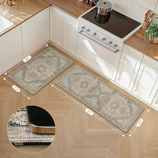 GENIMO Kitchen Mats for Floor, 2PCS Kitchen Rugs Non Slip Washable, Waterproof Anti Fatigue Mat, Comfort Standing Runner Rug for Sink, Office, Laundry, Home, 17.3"x47"+17.3"x30", Brown