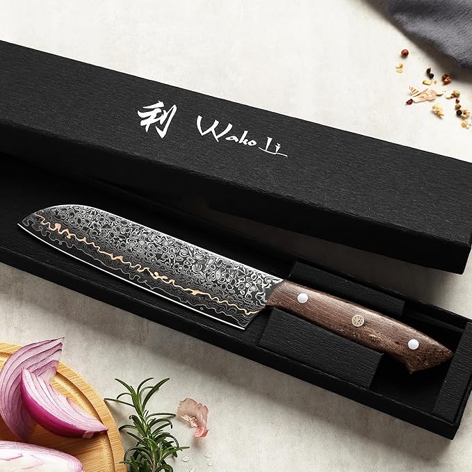 Wakoli Kawa Santoku Knife, 7.1-Inch Blade Damascus Chef Knife | 67-Layer Damascus Steel with VG10 Core | Copper Inlay | Maple Stabilized Wood Handle | Professional Kitchen Knife