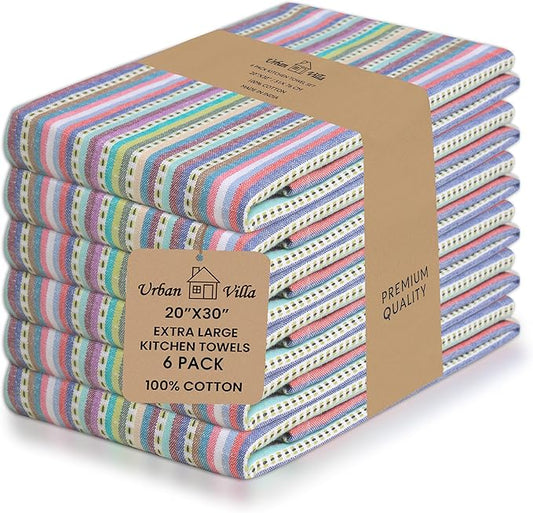 Urban Villa Kitchen Towels 100% Cotton Dish Towels for Kitchen(Set of 6)20”x30” Dish Cloths Highly Absorbent Kitchen Linen Set with Hanging Loop Perfect for Drying Dishes Cleaning Towels-Blue Stripes