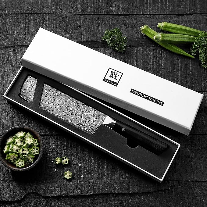 zayiko Black Edition Damascus Nakiri Knife | 18.5 cm Blade Made of 67 Layers of Fine Dark Damascus Steel | Ergonomic Pakkawood Handle | Professional Kitchen Chef's Knife Ideal for Vegetables