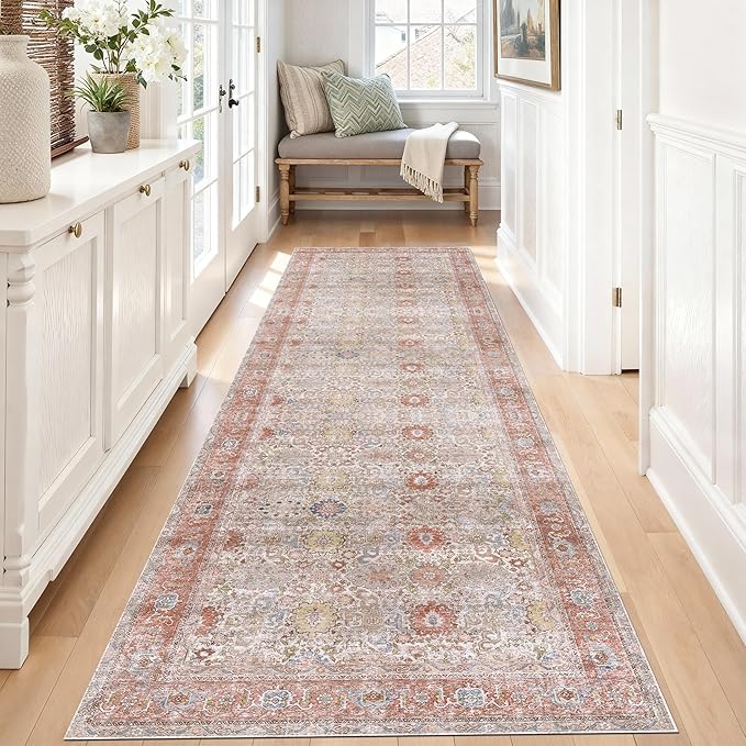 Kuden 2'6"x10 Runner Rug, Machine Washable Area Rug with Non-Slip Backing, Vintage Style, Soft, Easy Clean, Low Pile Rug for Hallway, Entryway, Kitchen, Bedroom