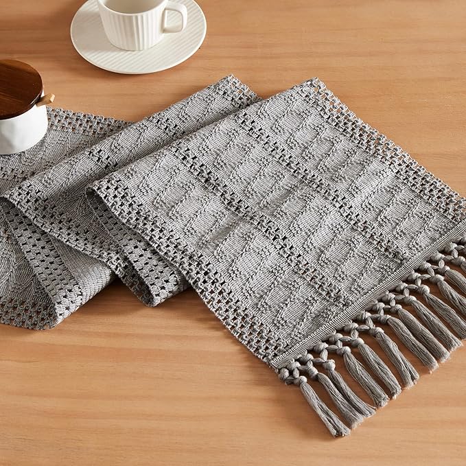 ZeeMart Macrame Style Boho Table Runner, Grey Table Runners 108 Inches Long, Farmhouse Woven Home Decor, 12x108 Inch, Grey