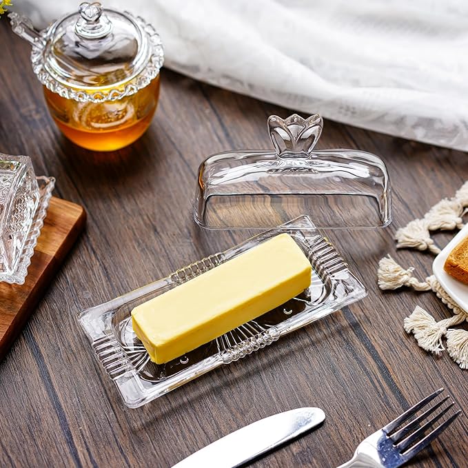 7'' Glass Butter Dish with Lid - Elegant Countertop Butter Container Holds,Clear Butter Keeper for Home Kitchen Decor,Dishwasher Safe