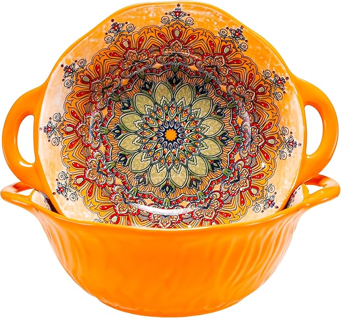 Boho Ceramic Serving Bowls with Handles Set of 2, Ceramic Large Serving Bowls, 40 Oz Porcelain Salad Bowls, Large Serving Dishes for Entertaining, Nesting Mixing Bowls for Soup,Stew,Fruits,Dinner