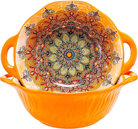 Boho Ceramic Serving Bowls with Handles Set of 2, Ceramic Large Serving Bowls, 40 Oz Porcelain Salad Bowls, Large Serving Dishes for Entertaining, Nesting Mixing Bowls for Soup,Stew,Fruits,Dinner