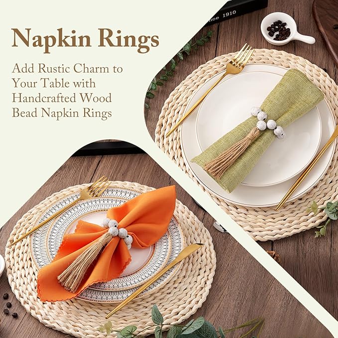APTWOW Napkin Rings Set of 12, White Washed Wood Bead Napkins Rings, Wooden Napkin Rings for Table Decor, Farmhouse Napkins Rings for Boho Table Decor, Family Banquet, Wedding, Holiday Dinner Party