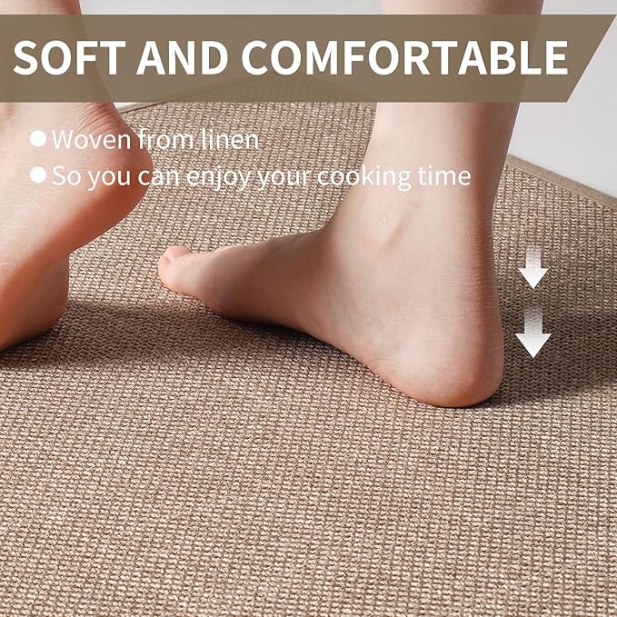 Kitchen Mats for Floor, Super Absorbent Kitchen Rugs Non Slip Washable, Soft Imitation Linen Braided Kitchen Runner Rug, Standing Mat Kitchens Sink Mat, Easy to Clean, Brown 17x71