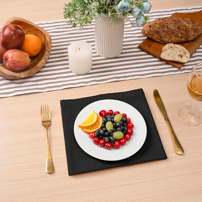 Blue Needles Set of 12 Hemstitch Linen Napkins 100% Cotton Black Cloth Dinner Napkins 18x18 inches, Soft, Reusable, Absorbent, Washable, Ideal for Wedding Events, Parties & Everyday Use