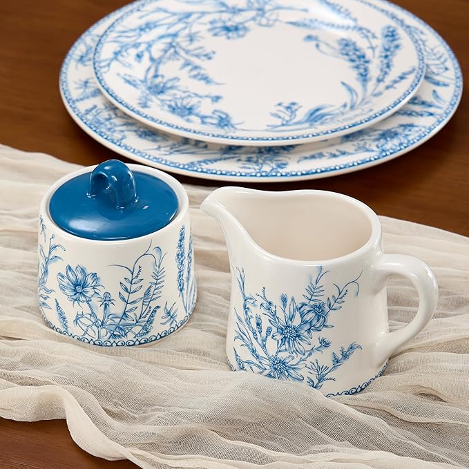 Bico Blue Garden Toile De Jouy Ceramic Sugar and Creamer Set, Sugar Bowl with Lid, Cute Container for Coffee Bar, Kitchen Countertop Accessories, Microwave and Dishwasher Safe