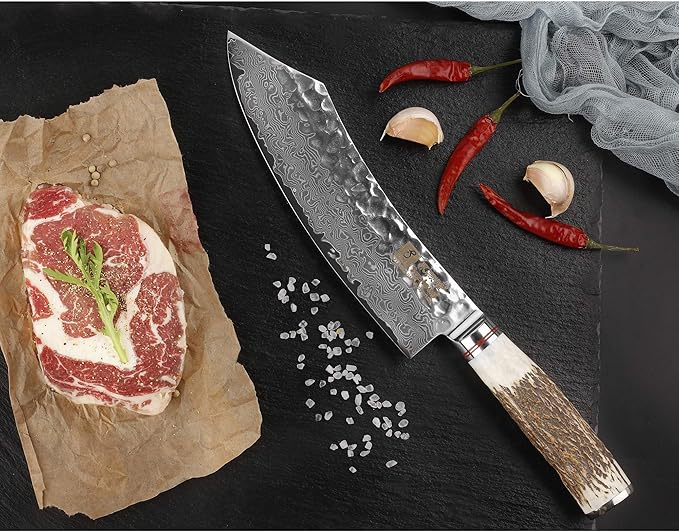 SUNLONG Butcher knife 8 inch Hybrid cleaver - Razor sharp - Japanese Damascus steel - Ergonomic Antler Handle