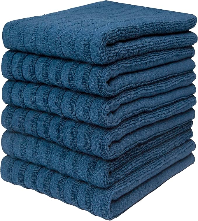 Premium Kitchen Towels (20”x 28”, 6 Pack) | Large Cotton Dish Towels 400 GSM | Highly Absorbent Terry Kitchen Linen Set with Hanging Loop | Blue Solid