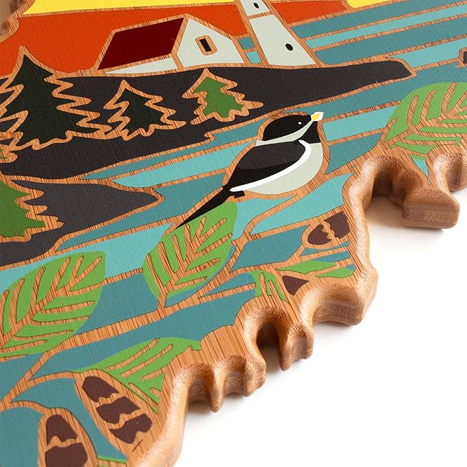 Totally Bamboo Maine State Shaped Cutting Board and Charcuterie Serving Platter with Artwork by Summer Stokes, Includes Hang Tie for Wall Display