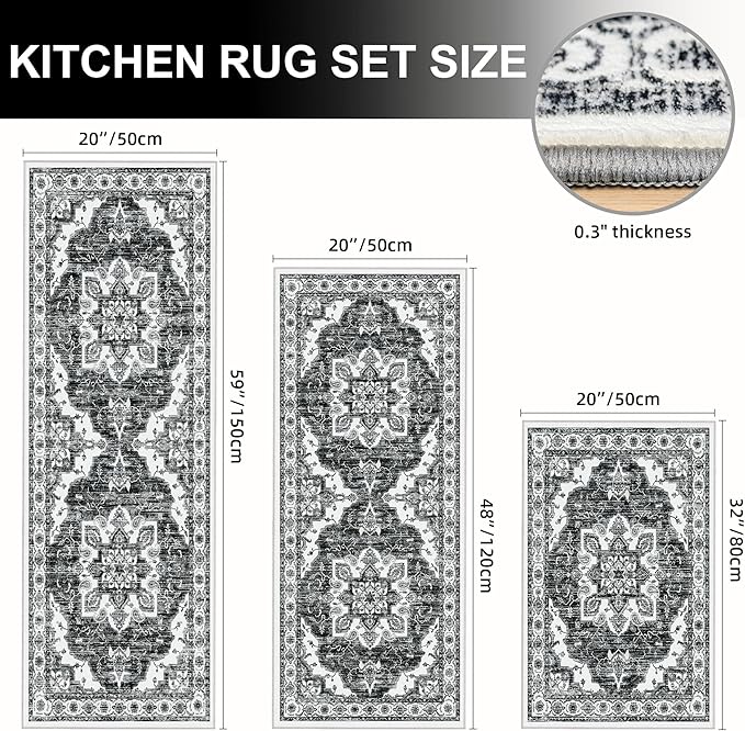 Tritard Non Slip Kitchen Rugs Sets of 3 Washable Kitchen Rug Boho Kitchen Mats for Floor Soft Kitchen Runner Rug Non Skid Kitchen Floor Carpet for Entryway Hallway Laundry Room, Black Grey