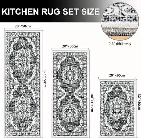 Tritard Non Slip Kitchen Rugs Sets of 3 Washable Kitchen Rug Boho Kitchen Mats for Floor Soft Kitchen Runner Rug Non Skid Kitchen Floor Carpet for Entryway Hallway Laundry Room, Black Grey