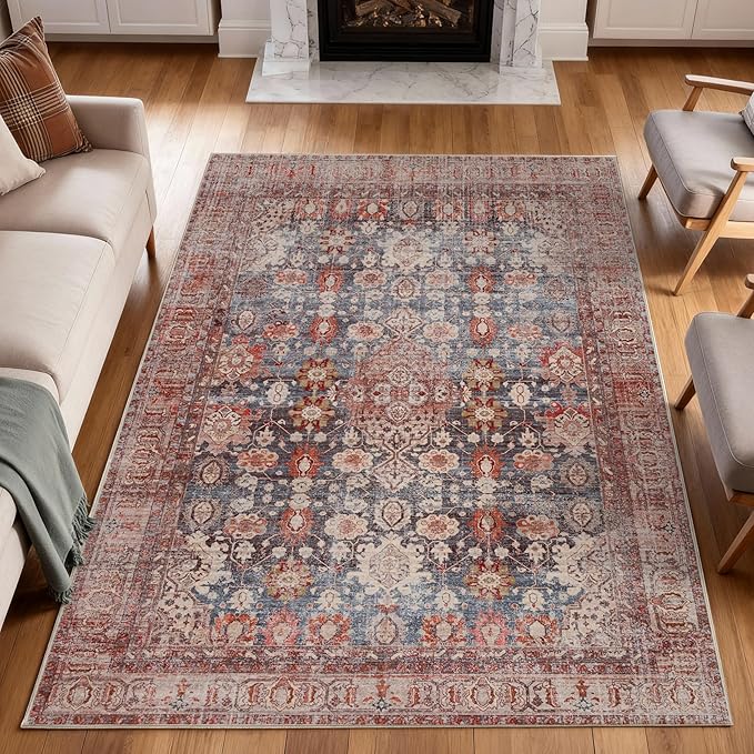 Kuden 8x10 Large Area Rug, Machine Washable Area Rug with Non-Slip Backing, Vintage Style, Soft, Easy Clean, Low Pile Rug for Living Room, Bedroom, Dining Room