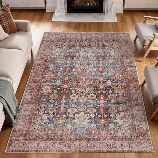 Kuden 8x10 Large Area Rug, Machine Washable Area Rug with Non-Slip Backing, Vintage Style, Soft, Easy Clean, Low Pile Rug for Living Room, Bedroom, Dining Room