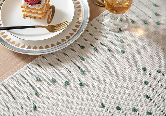 Boho Table Runner 13 x 72 Inch Long Natural Cotton Woven Runner with Tassels for Home Dining Table décor, for Modern Farmhouse Decor Coffee Table Runner, Green and Beige