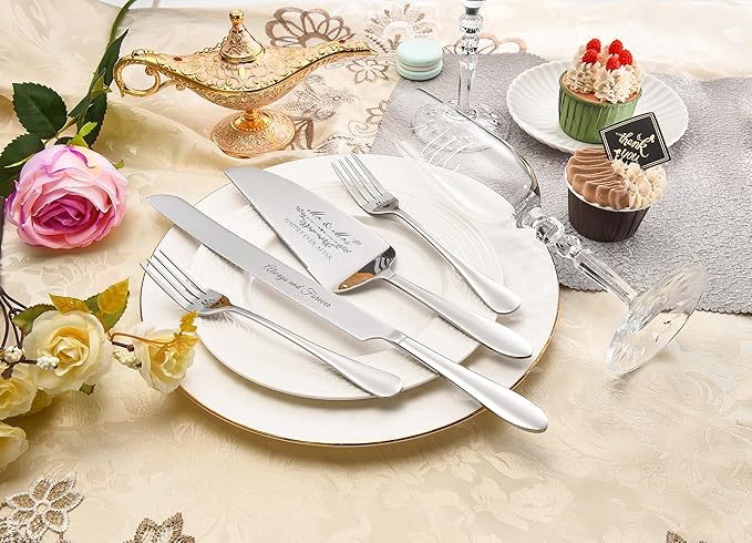 BEKESIN Wedding Cake Knife and Server Set with Forks, Classical Style Crystal Champagne Flutes Toasting Glasses for Bride and Groom, Wedding Gifts for Couples, Engagement and Bridal Shower Gifts