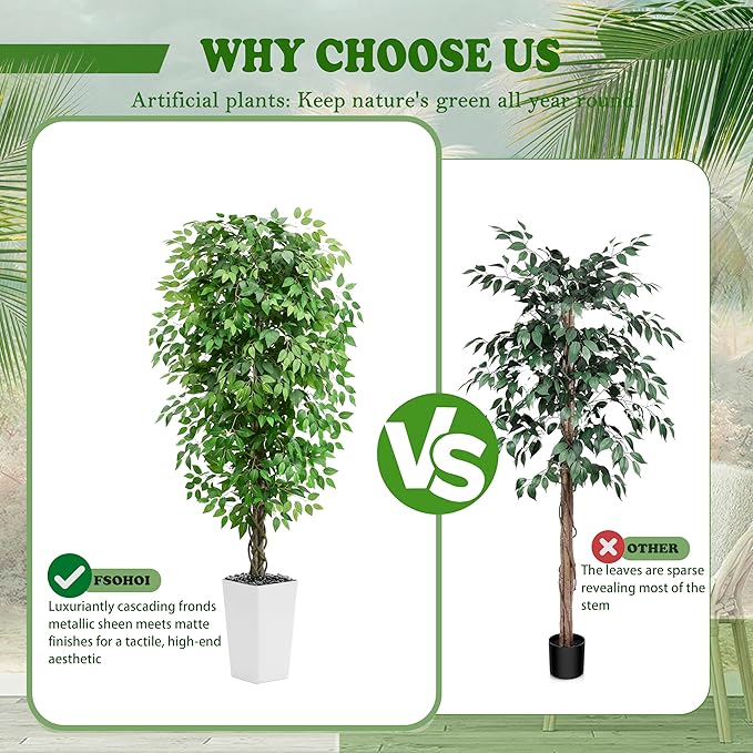 Artificial Ficus Tree 6FT Faux Plants Indoor Tall Fake Plants with White Planter, Green Lifelike Lush Fake Ficus Tree for Home Living Room Bedroom Outdoor Balcony House Office Decor