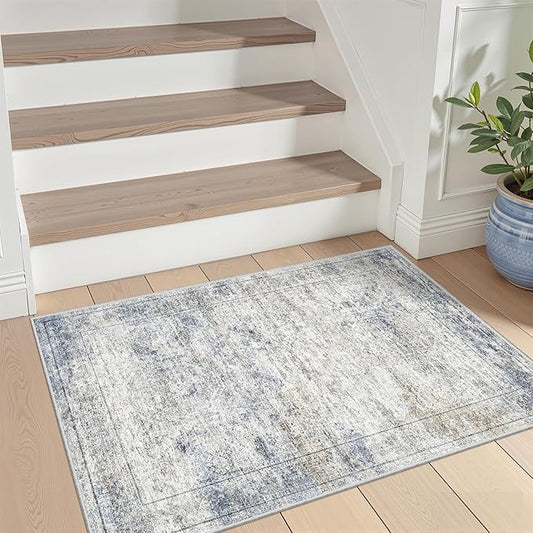 2x3 Washable Rug Runner for Bathroom, Soft Entryway Rug for Laundry Room, Kitchen, Vintage Abstract Hallway Runner for Bedroom, Anti-Slip Door Mat Indoor Entrance(2'x3', Blue/Brown/Ivory)