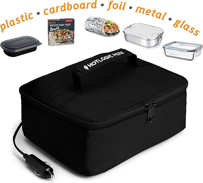 HOTLOGIC Mini Portable Electric Lunch Box Food Heater with Glass Container - Food Warmer and Heated Lunch Box for Adults Car/Home - Cook, Reheat, and Keep Your Food Warm - BLACK - 12V