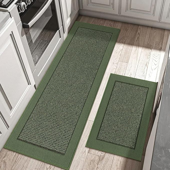 BEQHAUSE Kitchen Rugs and Mats Set of 2 Non-Slip Kitchen Mats for Floor, Absorbent and Stain Resistant Kitchen Runner, Machine Washable Rugs for Kitchen, Laundry & Sink, 24"x36"+24"x60", Green