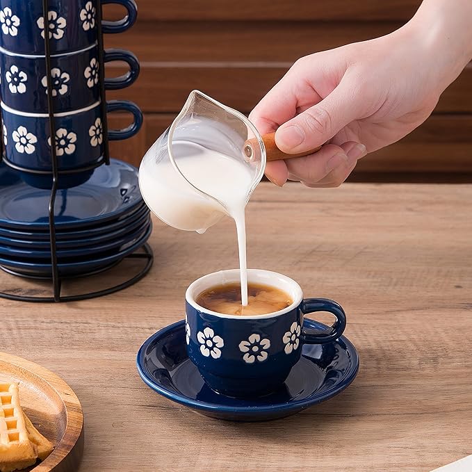 6-pieces Espresso Cups with Saucers and Metal Stand Stoneware Cup & Saucer Sets, Stackable espresso mugs, 4oz coffee cups set, Set of 6, Blue