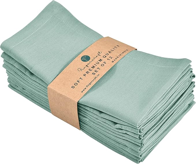 FINGERCRAFT Cloth Napkins Set of 12, Cotton Linen Mitered Corner Soft Durable Washable Eco-Friendly Napkins Cloth, 18x18 inch Premium Quality for Home Hotel Parties Christmas Wedding Dinner Aqua