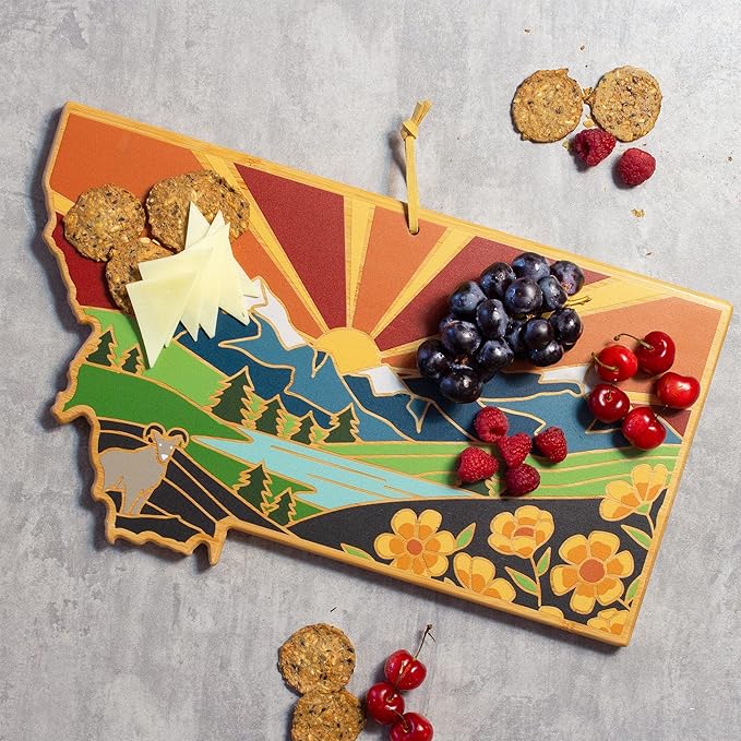 Totally Bamboo Montana State Shaped Cutting Board and Charcuterie Serving Platter with Artwork by Summer Stokes, Includes Hang Tie for Wall Display Varies