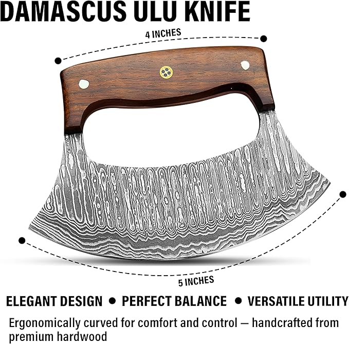 Handmade Ulu Knife – Full Tang Damascus steel Alaskan ulu with Sheath & Gift Box, Mezzaluna Rocker Knife & Pizza Cutter for Kitchen, Camping & BBQ, Birthday Gifts for Men