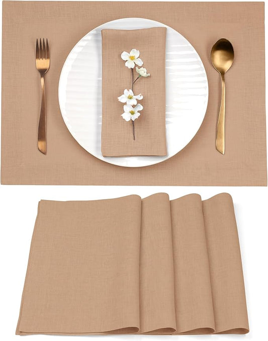 D'Moksha Homes Linen Champagne Beige Placemats Set of 4-100% Pure Linen Placemats 14 x 19 Inch for Spring, Easter - Handcrafted and Machine Washable
