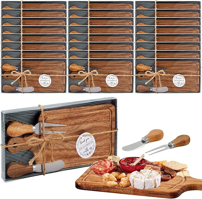 Ziliny 24 Set Bridal Baby Shower Cheese Prizes Wooden Square Board Gift Set Knives Forks Thank You Tags with Box for Guests for Valentines Bridal Baby Shower Housewarming Gifts (Acacia Color)