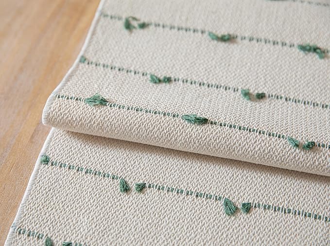 Caflife Boho Table Runner 90 Inchs Long for Modern Farmhouse Room Home Decor, Green and Beige Coffee Table Runner, Natural Cotton Woven with Tassels Neutral, for Kitchen Dining Table Decor
