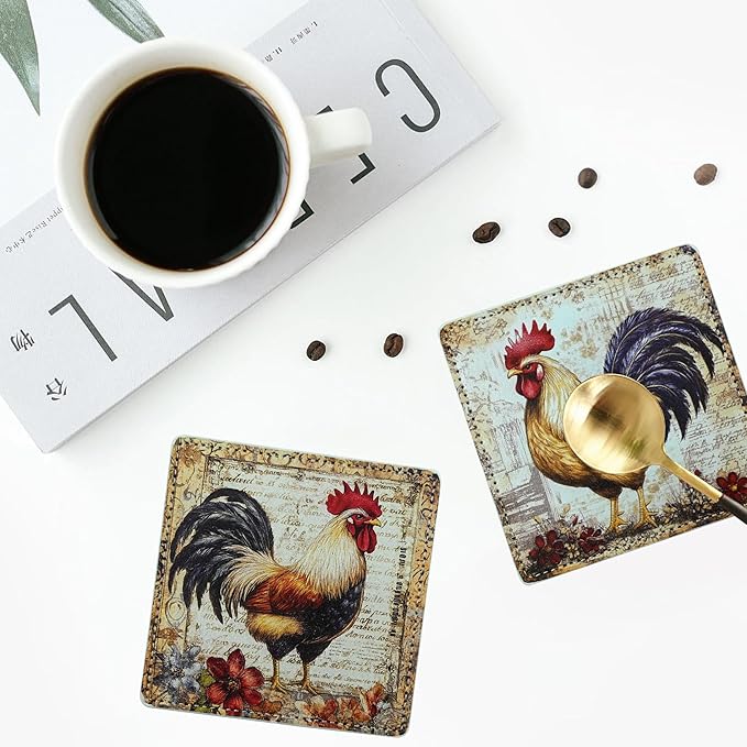 Rooster Coasters Square Leather Drinks Coaster Set with Holder for Coffee Table Bar Home Decor 4 Inches Set of 6