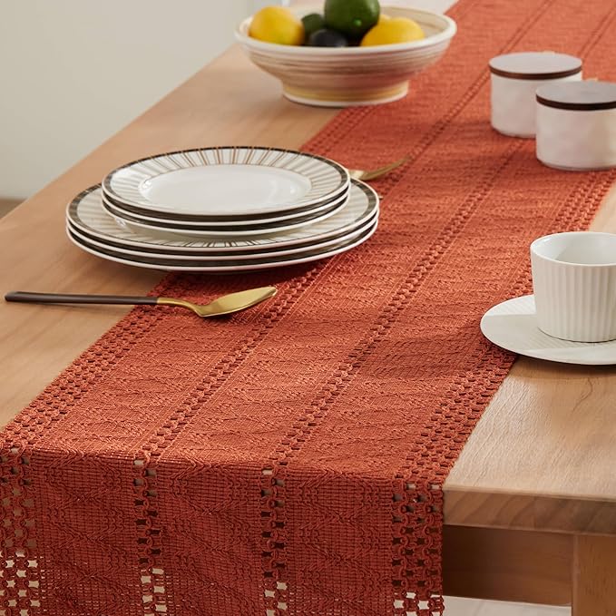 ZeeMart Macrame Style Boho Table Runner, Rust Table Runners 48 Inches Long, Farmhouse Woven Home Decor, 12x48 Inch, Rust