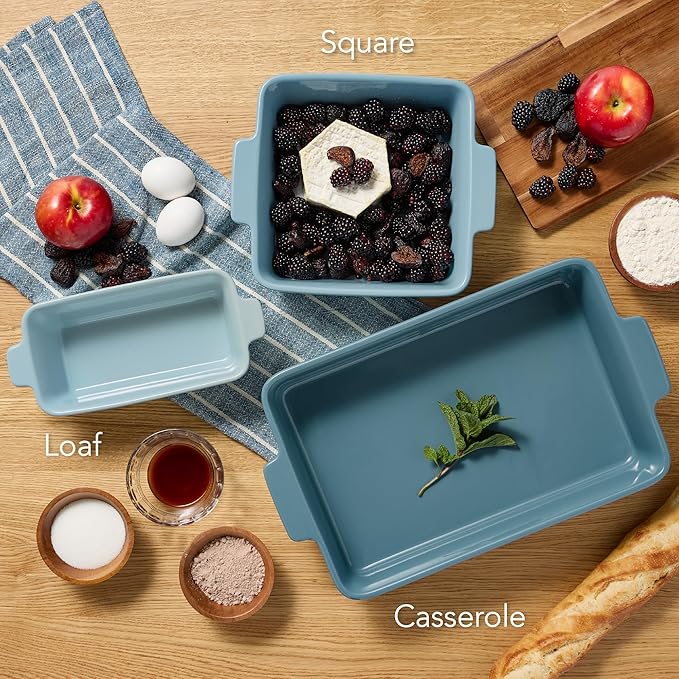 Best Choice Products 3-Piece Ceramic Bakeware Set, Stoneware Baking Dishes, Porcelain Casserole Bakeware Dishes, Serving Dishes - 9x12 Casserole, Loaf Pan, 8x8 Baking Dish - Cornflower Blue
