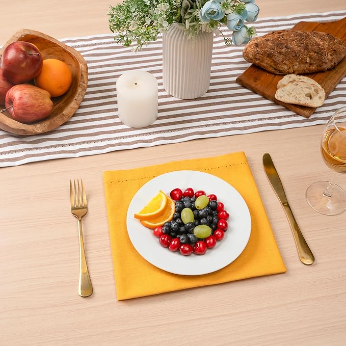 Blue Needles Set of 6 Hemstitch Linen Napkins 100% Cotton Golden Yellow Cloth Dinner Napkins 18x18 inches, Soft, Reusable Absorbent Washable, Ideal for Wedding Events, Parties & Everyday Use