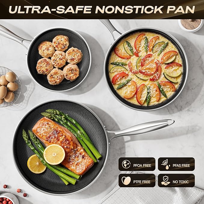 Non Stick Frying Pan Set,Hybrid Nonstick Frying Pan 3 Piece,8,10 &12 Inch Stainless Steel Pans,PFAS PFOA PTFE Free,Stay-Cool Handle,Dishwasher-Friendly,Oven-Safe,Compatible with All Cooktops