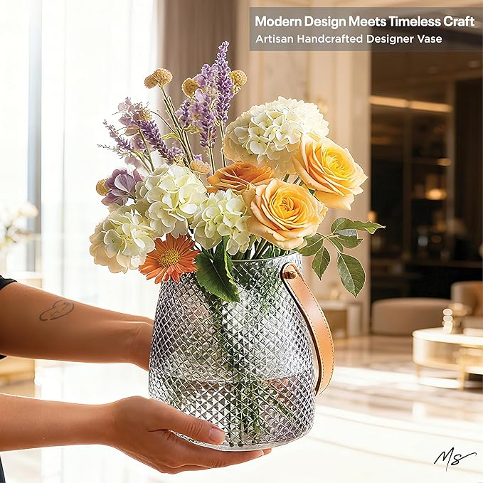 Nordic Handcrafted Glass Flower Vase with Vegan Leather Handle – Diamond Pattern Design – Modern Decorative Centerpiece – Elegant Gift for Weddings, Housewarming, Anniversaries – Stylish Home Décor