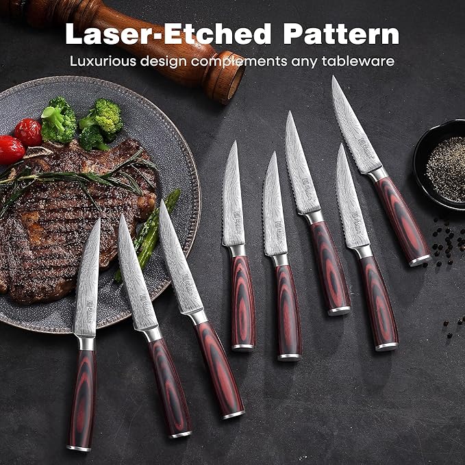PAUDIN Steak Knives 4.5 Inch, Steak knives Set of 8, High Carbon Stainless Steel Steak Knife Set, Sharp Serrated Steak Knife with Pakkawood Handle, Kitchen Steak Knife Set with Gift Box
