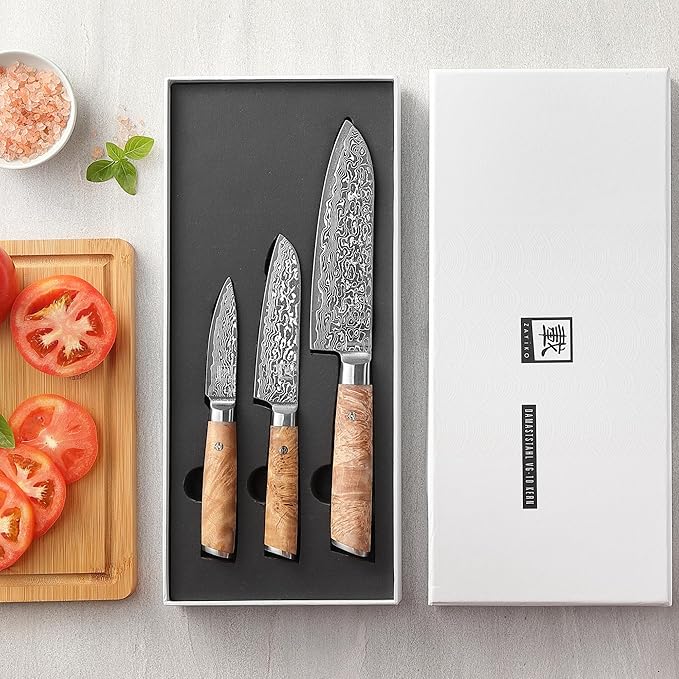 zayiko Kinone Damascus Kitchen Knife Set – 3-Piece Professional Chef Knives | 67 Layers Steel with VG10 Core | Ergonomic Birch Root Wood Handles | Premium Cooking Set in Gift Box