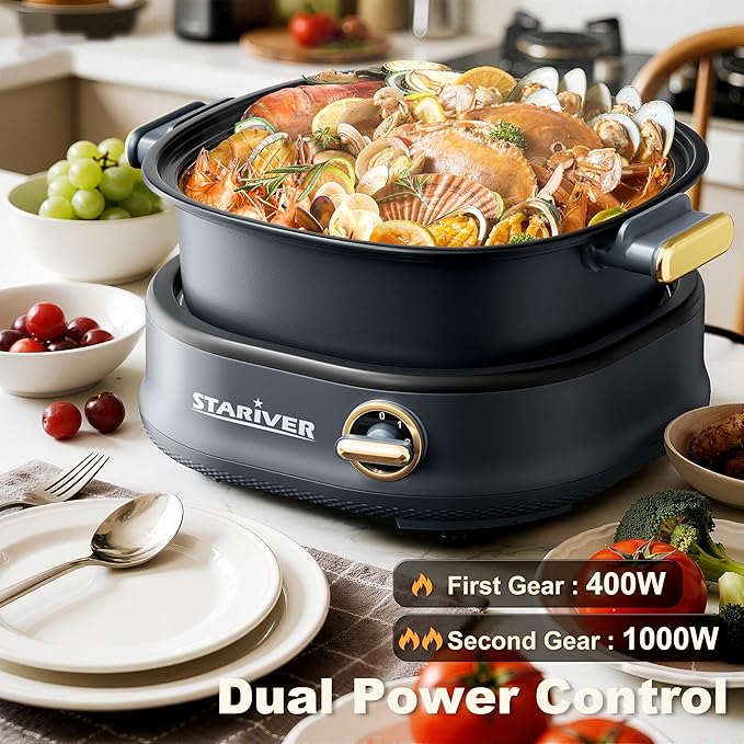 Stariver 3L Non-Stick Hot Pot Electric with Dual-Power Control,Electric Shabu Shabu Pot with Removable Pot, Electric Pot with Tempered Glass Lid for Party, Family Gathering（Golden）