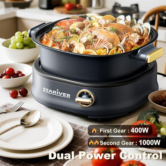 Stariver 3L Non-Stick Hot Pot Electric with Dual-Power Control,Electric Shabu Shabu Pot with Removable Pot, Electric Pot with Tempered Glass Lid for Party, Family Gathering（Golden）