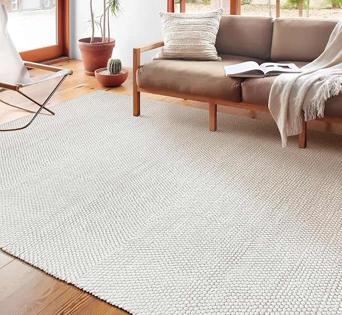 Savi Home Handwoven Wool Cotton Blend Area Rug 5x8', Textured Popcorn Braided Ivory Rug, Soft Thick Farmhouse Contemporary Living Room Carpet, Neutral Modern Decorative Floor Rug
